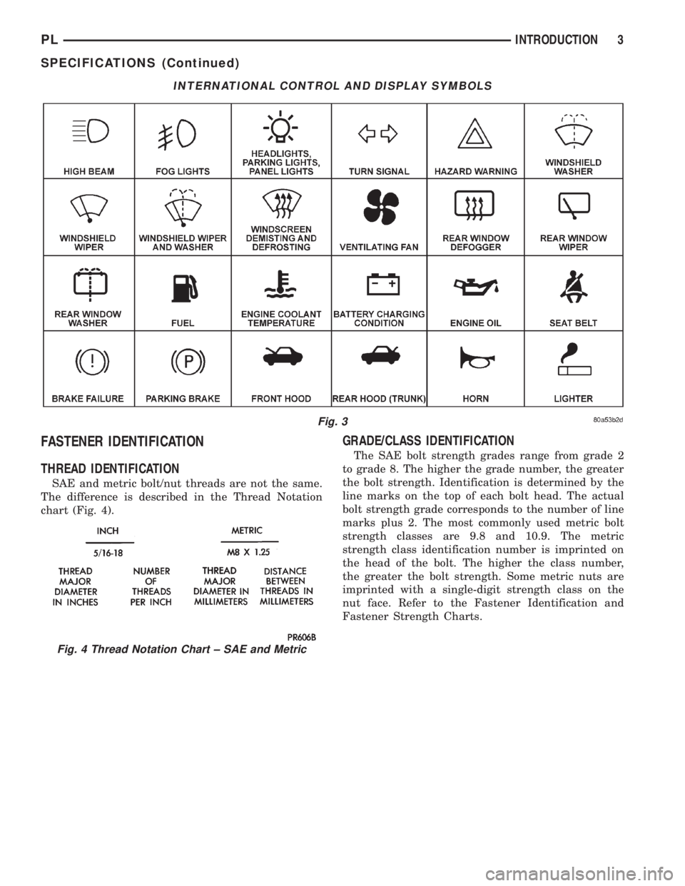 DODGE NEON 2000  Service Repair Manual FASTENER IDENTIFICATION
THREAD IDENTIFICATION
SAE and metric bolt/nut threads are not the same.
The difference is described in the Thread Notation
chart (Fig. 4).
GRADE/CLASS IDENTIFICATION
The SAE bo
