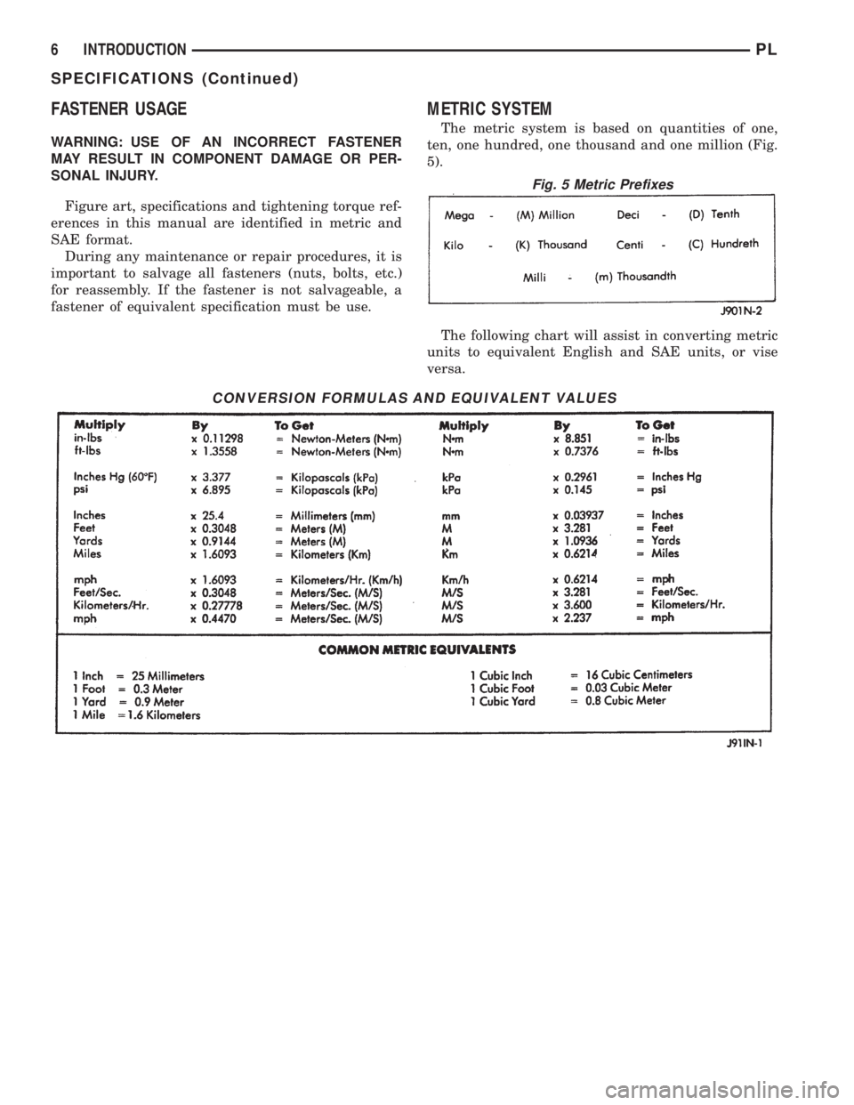 DODGE NEON 2000  Service Repair Manual FASTENER USAGE
WARNING: USE OF AN INCORRECT FASTENER
MAY RESULT IN COMPONENT DAMAGE OR PER-
SONAL INJURY.
Figure art, specifications and tightening torque ref-
erences in this manual are identified in