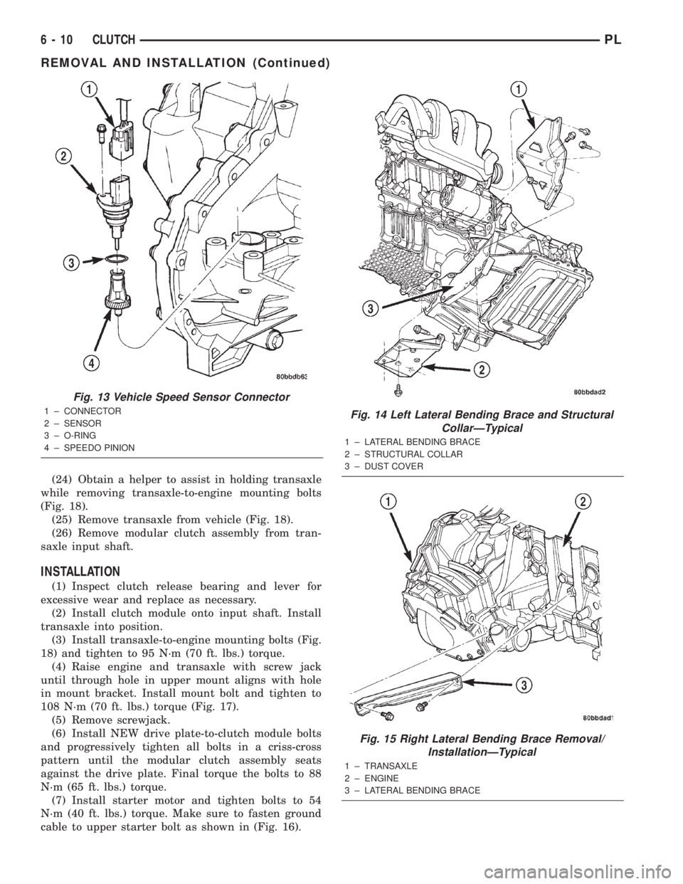DODGE NEON 2000  Service Repair Manual (24) Obtain a helper to assist in holding transaxle
while removing transaxle-to-engine mounting bolts
(Fig. 18).
(25) Remove transaxle from vehicle (Fig. 18).
(26) Remove modular clutch assembly from 