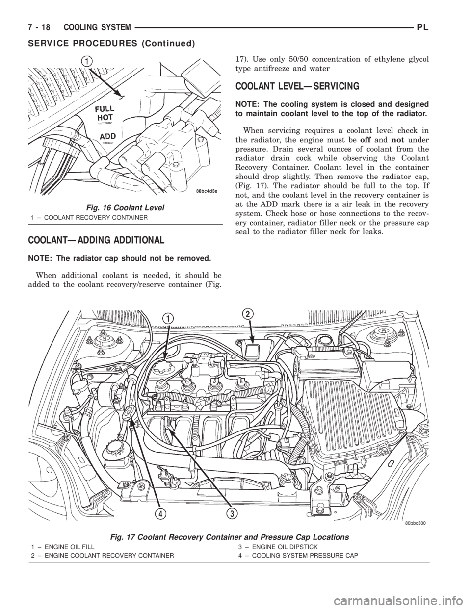DODGE NEON 2000  Service Repair Manual COOLANTÐADDING ADDITIONAL
NOTE: The radiator cap should not be removed.
When additional coolant is needed, it should be
added to the coolant recovery/reserve container (Fig.17). Use only 50/50 concen