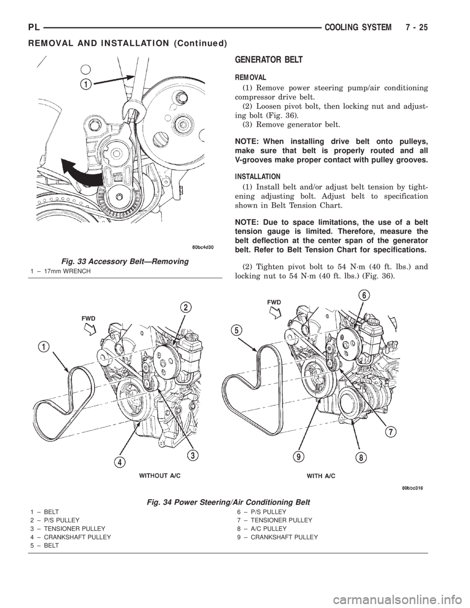 DODGE NEON 2000 Service Repair Manual GENERATOR BELT
REMOVAL
(1) Remove power steering pump/air conditioning
compressor drive belt.
(2) Loosen pivot bolt, then locking nut and adjust-
ing bolt (Fig. 36).
(3) Remove generator belt.
NOTE: W DODGE NEON 2000 Service Repair Manual GENERATOR BELT
REMOVAL
(1) Remove power steering pump/air conditioning
compressor drive belt.
(2) Loosen pivot bolt, then locking nut and adjust-
ing bolt (Fig. 36).
(3) Remove generator belt.
NOTE: W