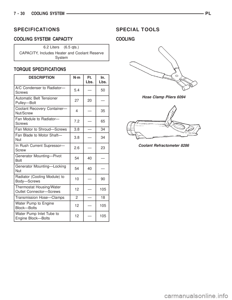 DODGE NEON 2000  Service Repair Manual SPECIFICATIONS
COOLING SYSTEM CAPACITY
TORQUE SPECIFICATIONSSPECIAL TOOLS
COOLING
6.2 Liters (6.5 qts.)
CAPACITY, Includes Heater and Coolant Reserve
System
DESCRIPTION N´m Ft.
Lbs.In.
Lbs.
A/C Conde