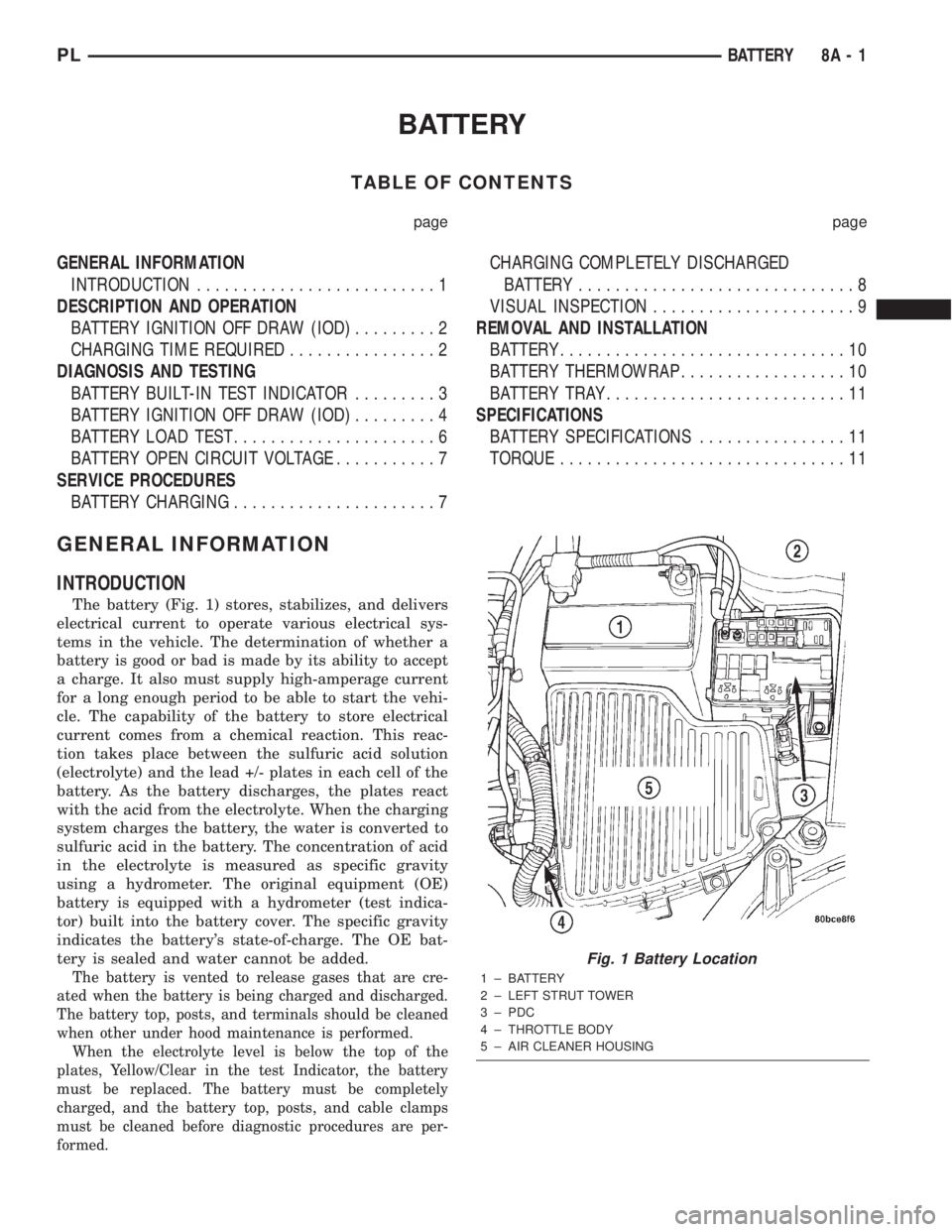 DODGE NEON 2000  Service Repair Manual BATTERY
TABLE OF CONTENTS
page page
GENERAL INFORMATION
INTRODUCTION..........................1
DESCRIPTION AND OPERATION
BATTERY IGNITION OFF DRAW (IOD).........2
CHARGING TIME REQUIRED..............
