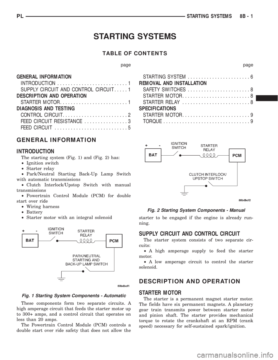 DODGE NEON 2000  Service Repair Manual STARTING SYSTEMS
TABLE OF CONTENTS
page page
GENERAL INFORMATION
INTRODUCTION..........................1
SUPPLY CIRCUIT AND CONTROL CIRCUIT.....1
DESCRIPTION AND OPERATION
STARTER MOTOR...............