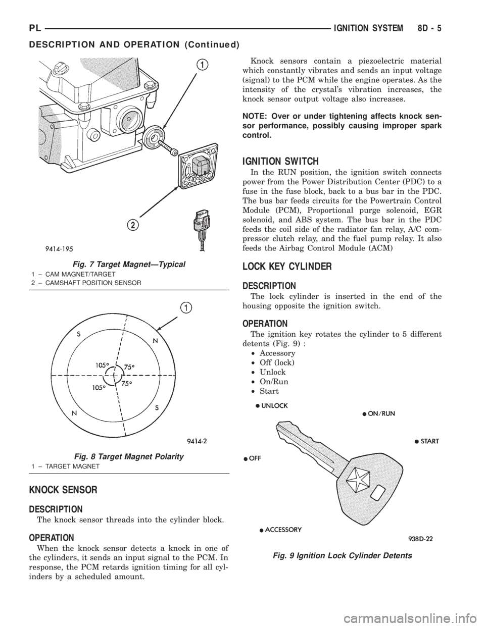 DODGE NEON 2000  Service Repair Manual KNOCK SENSOR
DESCRIPTION
The knock sensor threads into the cylinder block.
OPERATION
When the knock sensor detects a knock in one of
the cylinders, it sends an input signal to the PCM. In
response, th