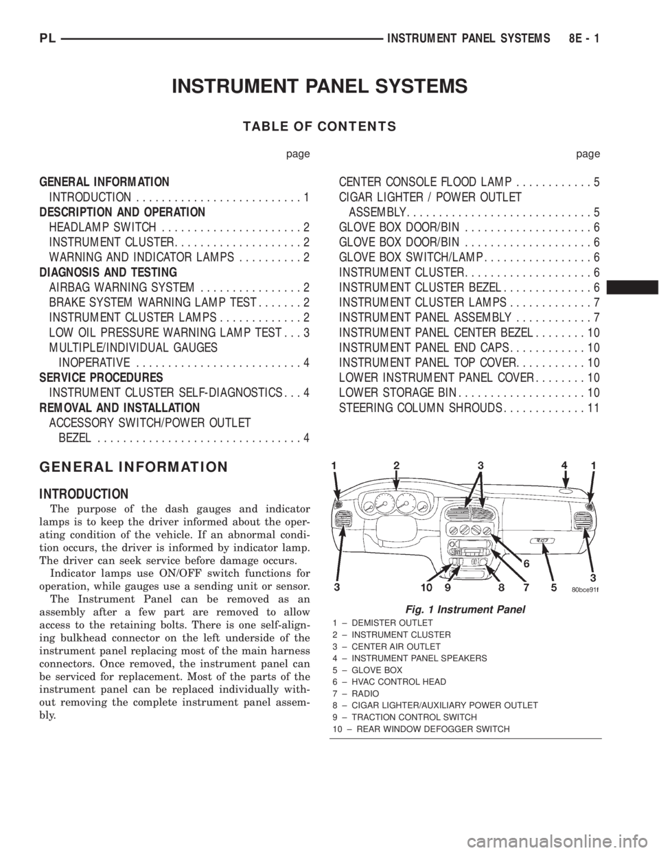 DODGE NEON 2000  Service Repair Manual INSTRUMENT PANEL SYSTEMS
TABLE OF CONTENTS
page page
GENERAL INFORMATION
INTRODUCTION..........................1
DESCRIPTION AND OPERATION
HEADLAMP SWITCH......................2
INSTRUMENT CLUSTER....