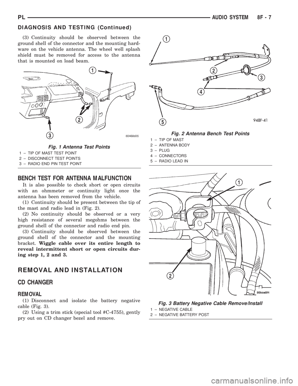 DODGE NEON 2000 Service Repair Manual (3) Continuity should be observed between the
ground shell of the connector and the mounting hard-
ware on the vehicle antenna. The wheel well splash
shield must be removed for access to the antenna
t DODGE NEON 2000 Service Repair Manual (3) Continuity should be observed between the
ground shell of the connector and the mounting hard-
ware on the vehicle antenna. The wheel well splash
shield must be removed for access to the antenna
t