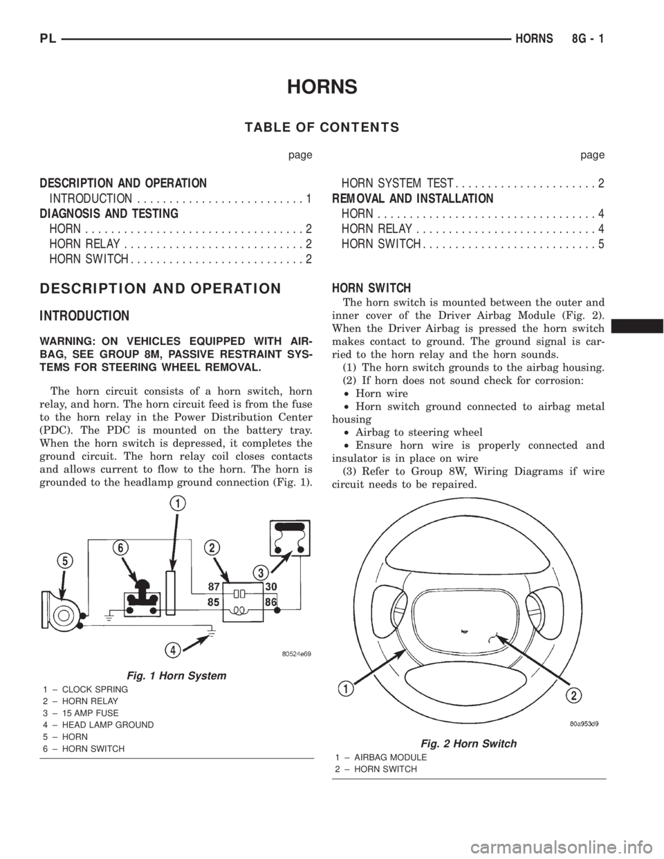 DODGE NEON 2000  Service Repair Manual HORNS
TABLE OF CONTENTS
page page
DESCRIPTION AND OPERATION
INTRODUCTION..........................1
DIAGNOSIS AND TESTING
HORN..................................2
HORN RELAY............................
