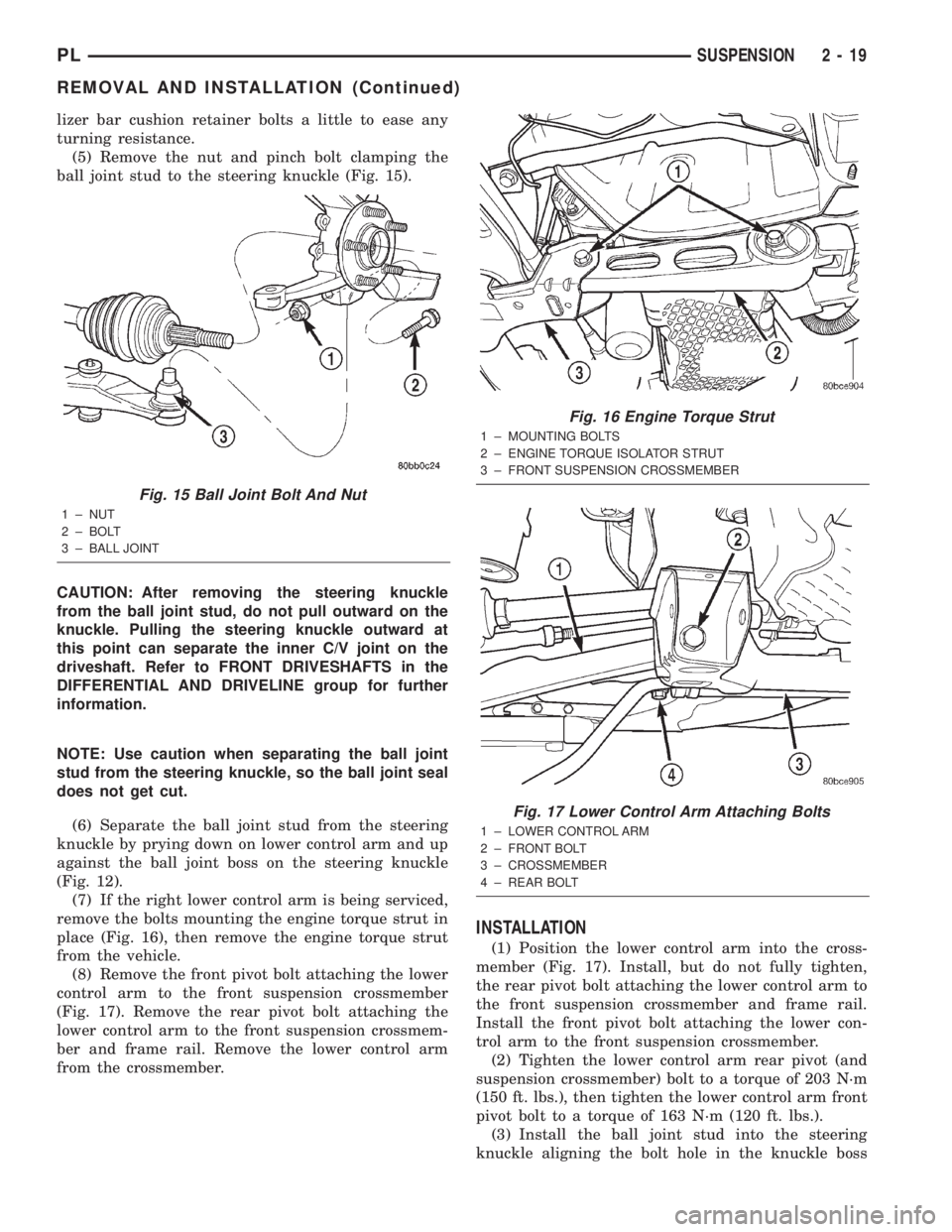 DODGE NEON 2000 Service Repair Manual lizer bar cushion retainer bolts a little to ease any
turning resistance.
(5) Remove the nut and pinch bolt clamping the
ball joint stud to the steering knuckle (Fig. 15).
CAUTION: After removing the DODGE NEON 2000 Service Repair Manual lizer bar cushion retainer bolts a little to ease any
turning resistance.
(5) Remove the nut and pinch bolt clamping the
ball joint stud to the steering knuckle (Fig. 15).
CAUTION: After removing the