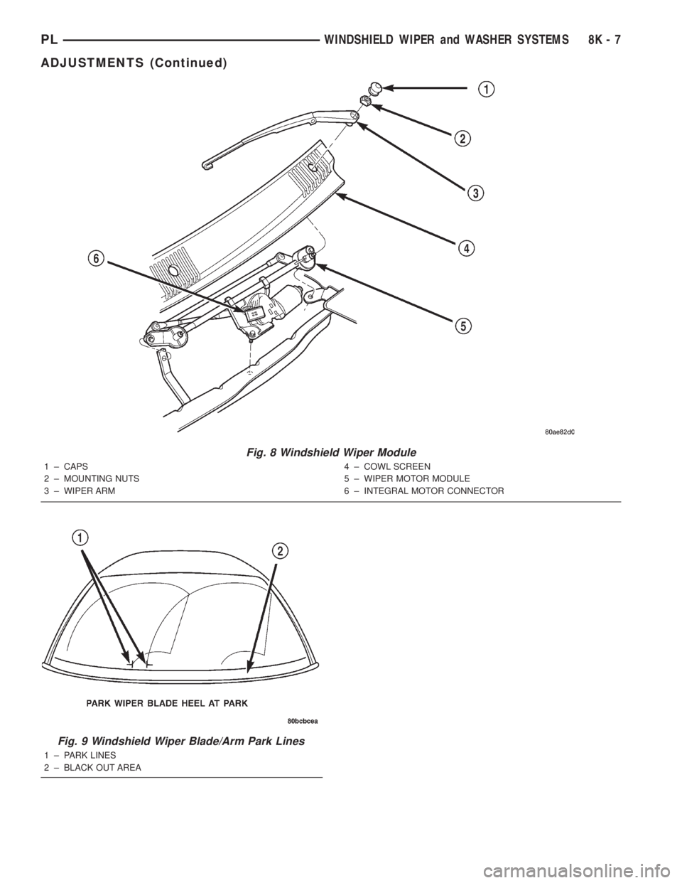 DODGE NEON 2000  Service Repair Manual Fig. 8 Windshield Wiper Module
1 ± CAPS
2 ± MOUNTING NUTS
3 ± WIPER ARM4 ± COWL SCREEN
5 ± WIPER MOTOR MODULE
6 ± INTEGRAL MOTOR CONNECTOR
Fig. 9 Windshield Wiper Blade/Arm Park Lines
1 ± PARK 
