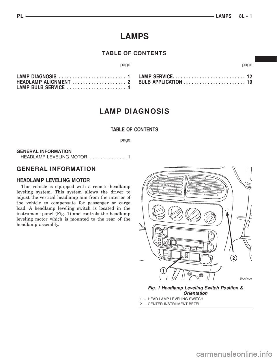 DODGE NEON 2000  Service Repair Manual LAMPS
TABLE OF CONTENTS
page page
LAMP DIAGNOSIS......................... 1
HEADLAMP ALIGNMENT.................... 2
LAMP BULB SERVICE...................... 4LAMP SERVICE........................... 12