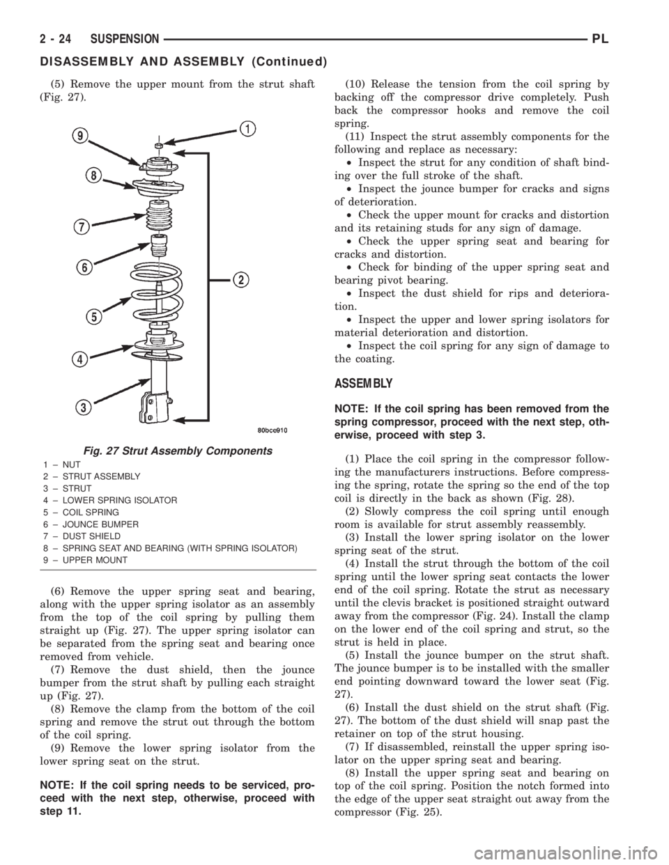 DODGE NEON 2000 Service Repair Manual (5) Remove the upper mount from the strut shaft
(Fig. 27).
(6) Remove the upper spring seat and bearing,
along with the upper spring isolator as an assembly
from the top of the coil spring by pulling DODGE NEON 2000 Service Repair Manual (5) Remove the upper mount from the strut shaft
(Fig. 27).
(6) Remove the upper spring seat and bearing,
along with the upper spring isolator as an assembly
from the top of the coil spring by pulling