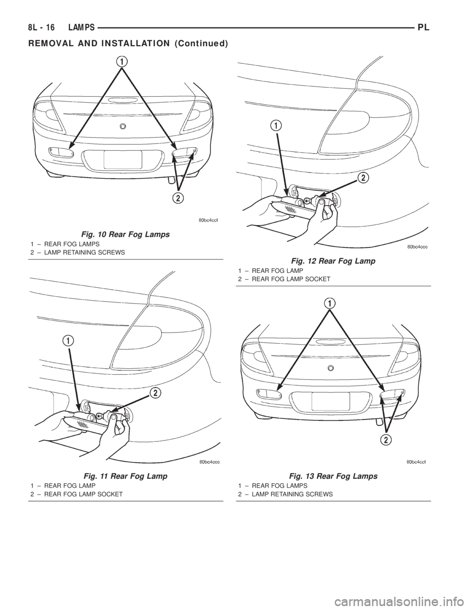 DODGE NEON 2000  Service Repair Manual Fig. 10 Rear Fog Lamps
1 ± REAR FOG LAMPS
2 ± LAMP RETAINING SCREWS
Fig. 11 Rear Fog Lamp
1 ± REAR FOG LAMP
2 ± REAR FOG LAMP SOCKET
Fig. 12 Rear Fog Lamp
1 ± REAR FOG LAMP
2 ± REAR FOG LAMP SOC