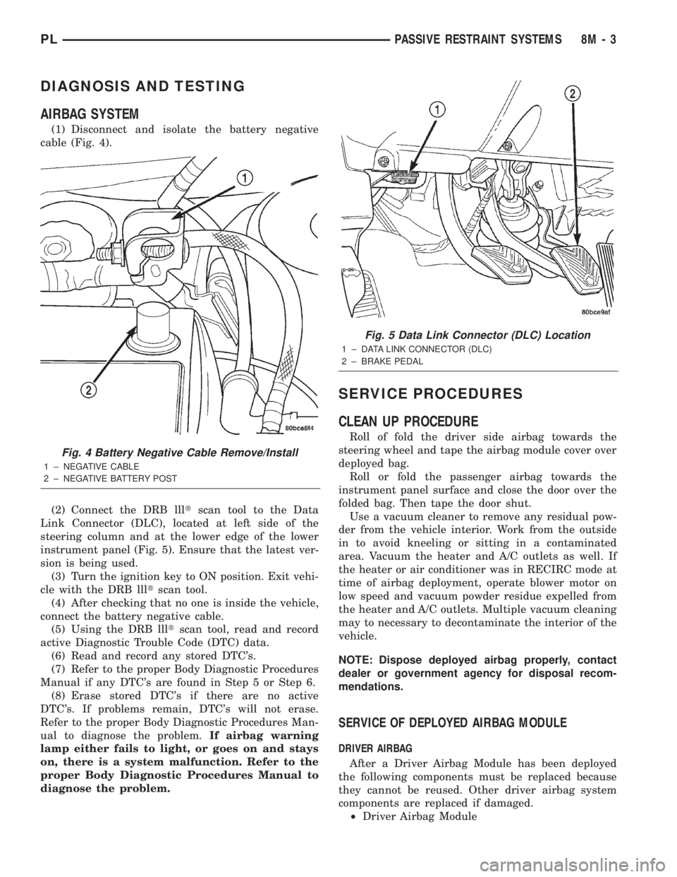 DODGE NEON 2000  Service Repair Manual DIAGNOSIS AND TESTING
AIRBAG SYSTEM
(1) Disconnect and isolate the battery negative
cable (Fig. 4).
(2) Connect the DRB llltscan tool to the Data
Link Connector (DLC), located at left side of the
stee