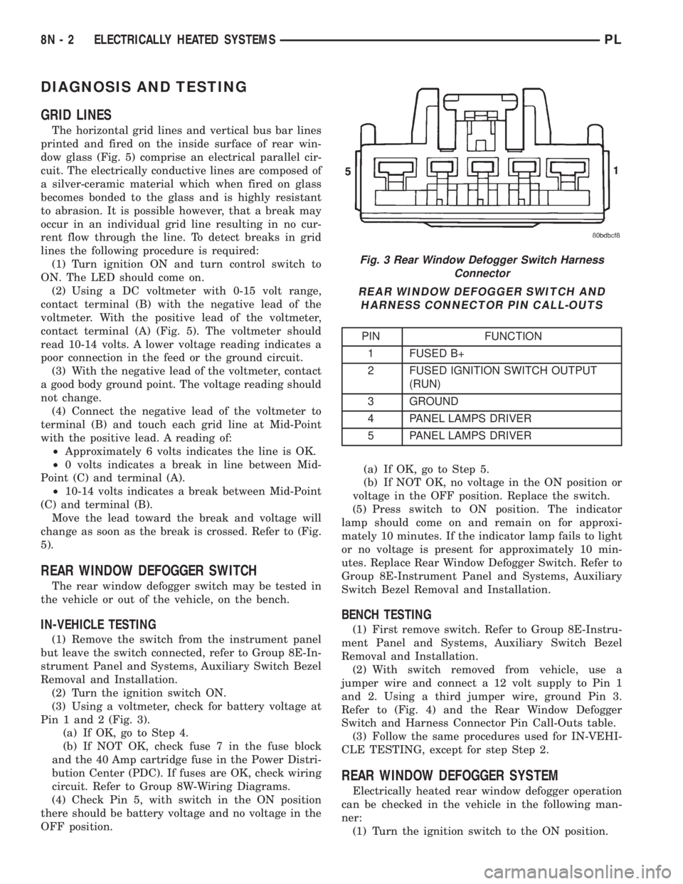 DODGE NEON 2000  Service Repair Manual DIAGNOSIS AND TESTING
GRID LINES
The horizontal grid lines and vertical bus bar lines
printed and fired on the inside surface of rear win-
dow glass (Fig. 5) comprise an electrical parallel cir-
cuit.