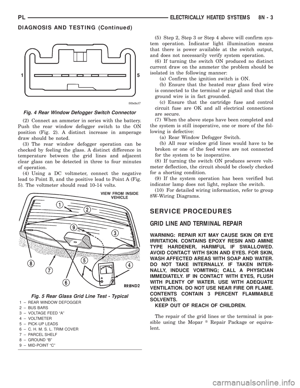 DODGE NEON 2000  Service Repair Manual (2) Connect an ammeter in series with the battery.
Push the rear window defogger switch to the ON
position (Fig. 2). A distinct increase in amperage
draw should be noted.
(3) The rear window defogger 