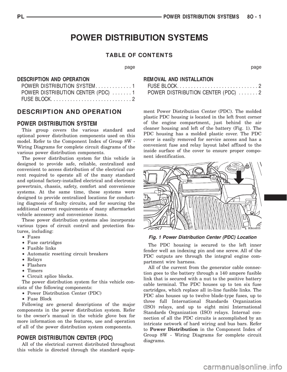 DODGE NEON 2000  Service Repair Manual POWER DISTRIBUTION SYSTEMS
TABLE OF CONTENTS
page page
DESCRIPTION AND OPERATION
POWER DISTRIBUTION SYSTEM.............1
POWER DISTRIBUTION CENTER (PDC).......1
FUSE BLOCK.............................