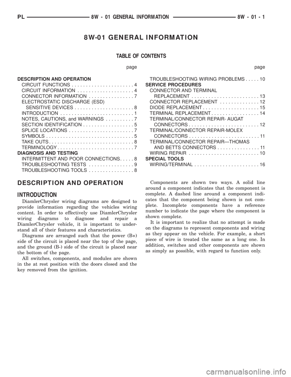 DODGE NEON 2000  Service Repair Manual 8W-01 GENERAL INFORMATION
TABLE OF CONTENTS
page page
DESCRIPTION AND OPERATION
CIRCUIT FUNCTIONS......................4
CIRCUIT INFORMATION....................4
CONNECTOR INFORMATION................7