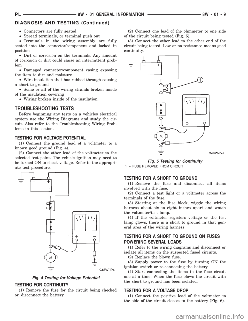 DODGE NEON 2000  Service Repair Manual ²Connectors are fully seated
²Spread terminals, or terminal push out
²Terminals in the wiring assembly are fully
seated into the connector/component and locked in
position
²Dirt or corrosion on th