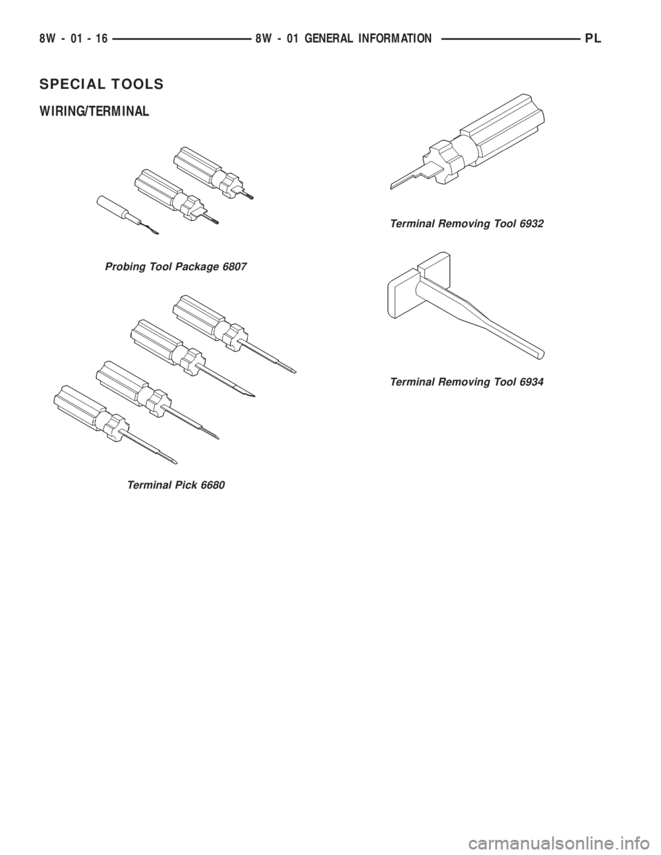 DODGE NEON 2000  Service Repair Manual SPECIAL TOOLS
WIRING/TERMINAL
Probing Tool Package 6807
Terminal Pick 6680
Terminal Removing Tool 6932
Terminal Removing Tool 6934
8W - 01 - 16 8W - 01 GENERAL INFORMATIONPL 