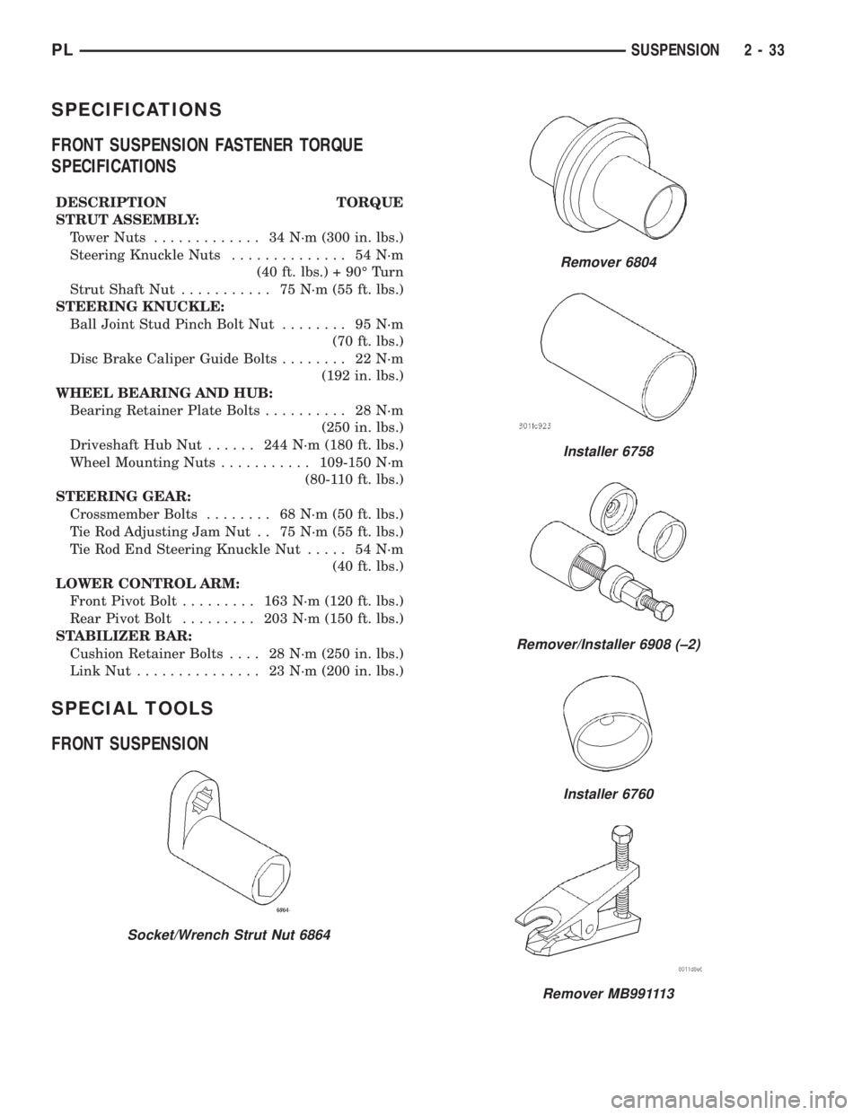 DODGE NEON 2000 Service Repair Manual SPECIFICATIONS
FRONT SUSPENSION FASTENER TORQUE
SPECIFICATIONS
DESCRIPTION TORQUE
STRUT ASSEMBLY:
Tower Nuts............. 34N´m(300 in. lbs.)
Steering Knuckle Nuts.............. 54N´m
(40 ft. lbs.) DODGE NEON 2000 Service Repair Manual SPECIFICATIONS
FRONT SUSPENSION FASTENER TORQUE
SPECIFICATIONS
DESCRIPTION TORQUE
STRUT ASSEMBLY:
Tower Nuts............. 34N´m(300 in. lbs.)
Steering Knuckle Nuts.............. 54N´m
(40 ft. lbs.)