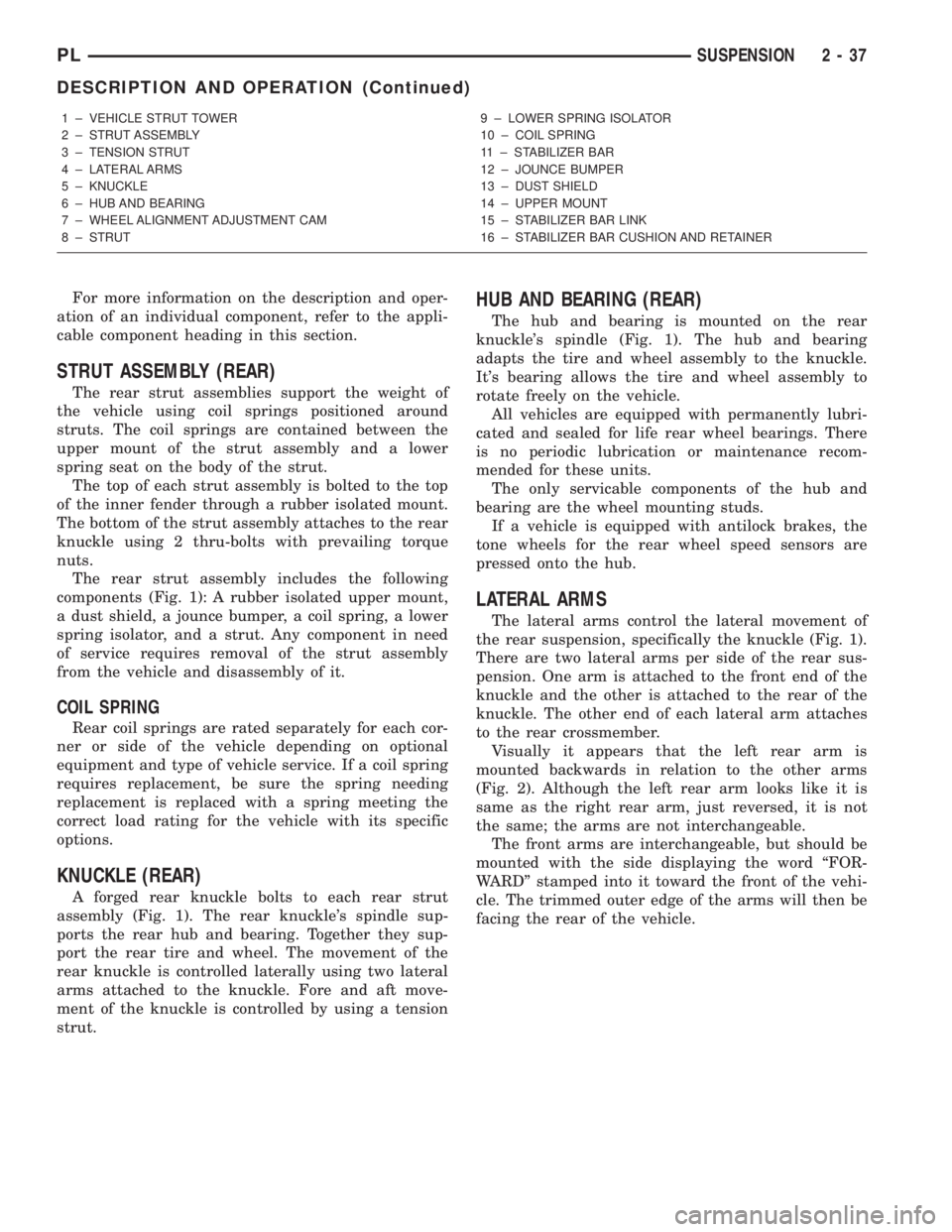 DODGE NEON 2000  Service Repair Manual For more information on the description and oper-
ation of an individual component, refer to the appli-
cable component heading in this section.
STRUT ASSEMBLY (REAR)
The rear strut assemblies support