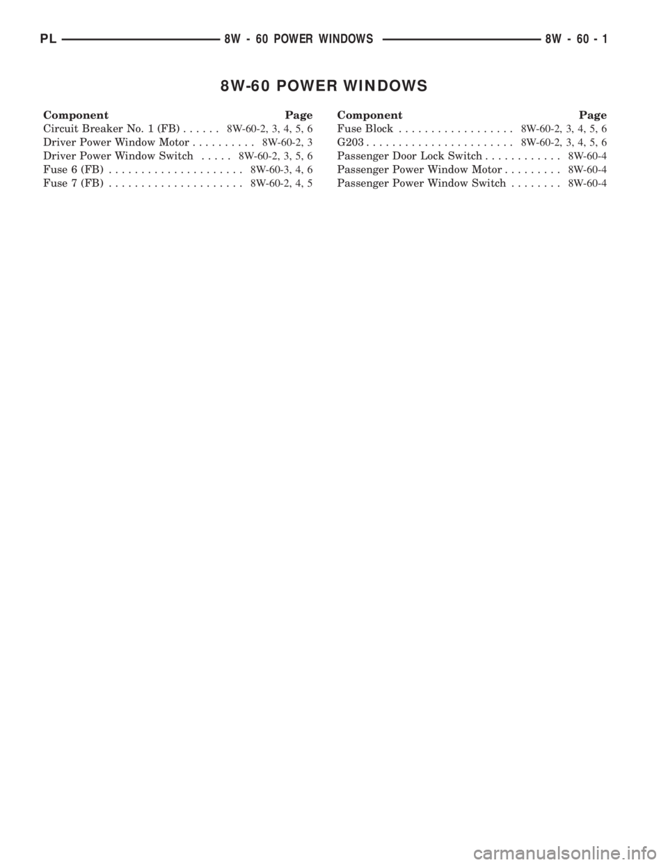 DODGE NEON 2000  Service Repair Manual 8W-60 POWER WINDOWS
Component Page
Circuit Breaker No. 1 (FB)......8W-60-2, 3, 4, 5, 6
Driver Power Window Motor..........8W-60-2, 3
Driver Power Window Switch.....8W-60-2, 3, 5, 6
Fuse 6 (FB)........