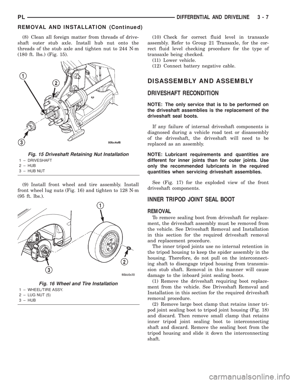 DODGE NEON 2000  Service Repair Manual (8) Clean all foreign matter from threads of drive-
shaft outer stub axle. Install hub nut onto the
threads of the stub axle and tighten nut to 244 N´m
(180 ft. lbs.) (Fig. 15).
(9) Install front whe