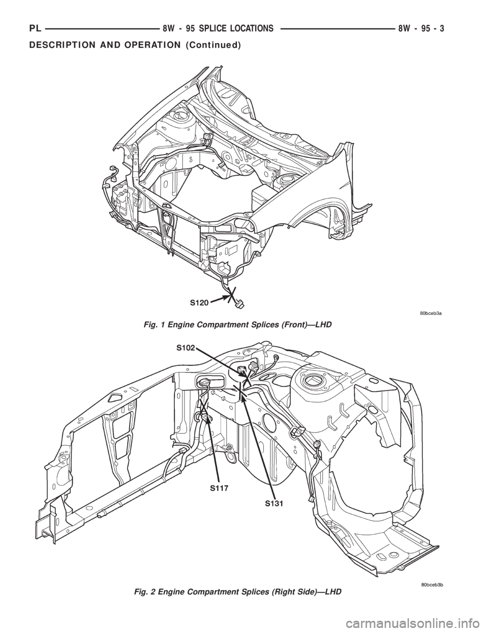 DODGE NEON 2000  Service Repair Manual Fig. 1 Engine Compartment Splices (Front)ÐLHD
Fig. 2 Engine Compartment Splices (Right Side)ÐLHD
PL8W - 95 SPLICE LOCATIONS 8W - 95 - 3
DESCRIPTION AND OPERATION (Continued) 