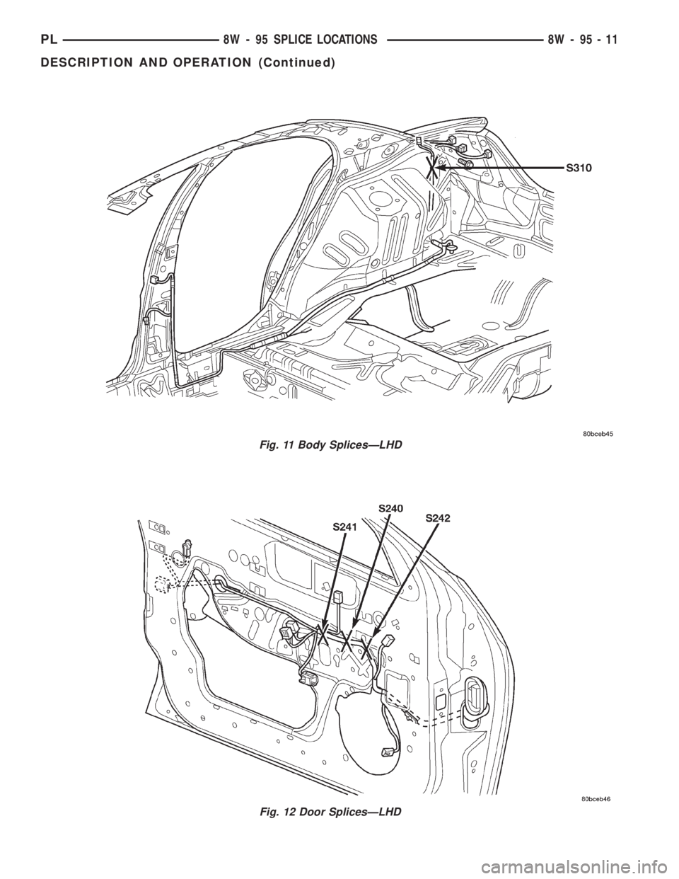 DODGE NEON 2000  Service Repair Manual Fig. 12 Door SplicesÐLHD
Fig. 11 Body SplicesÐLHD
PL8W - 95 SPLICE LOCATIONS 8W - 95 - 11
DESCRIPTION AND OPERATION (Continued) 