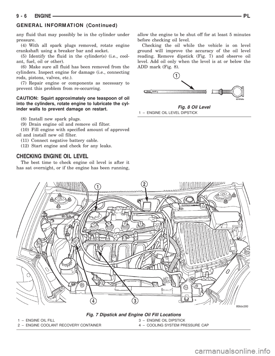 DODGE NEON 2000  Service Repair Manual any fluid that may possibly be in the cylinder under
pressure.
(4) With all spark plugs removed, rotate engine
crankshaft using a breaker bar and socket.
(5) Identify the fluid in the cylinder(s) (i.e