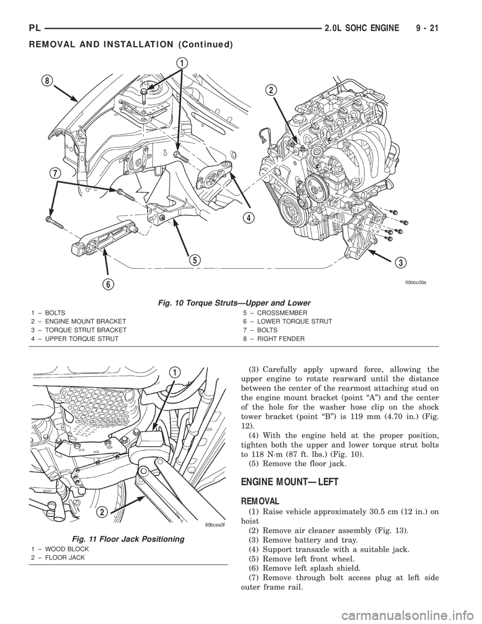 DODGE NEON 2000 Service Repair Manual (3) Carefully apply upward force, allowing the
upper engine to rotate rearward until the distance
between the center of the rearmost attaching stud on
the engine mount bracket (point ªAº) and the ce DODGE NEON 2000 Service Repair Manual (3) Carefully apply upward force, allowing the
upper engine to rotate rearward until the distance
between the center of the rearmost attaching stud on
the engine mount bracket (point ªAº) and the ce
