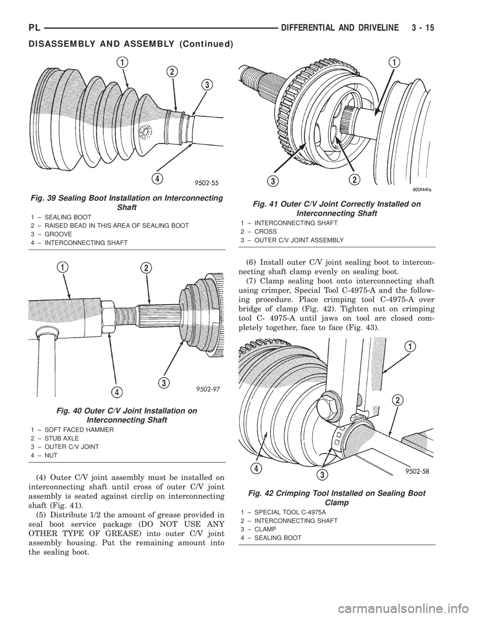 DODGE NEON 2000  Service Repair Manual (4) Outer C/V joint assembly must be installed on
interconnecting shaft until cross of outer C/V joint
assembly is seated against circlip on interconnecting
shaft (Fig. 41).
(5) Distribute 1/2 the amo