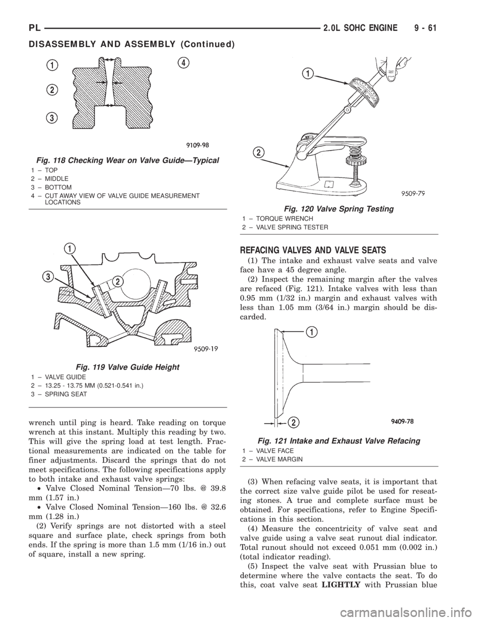 DODGE NEON 2000  Service Repair Manual wrench until ping is heard. Take reading on torque
wrench at this instant. Multiply this reading by two.
This will give the spring load at test length. Frac-
tional measurements are indicated on the t