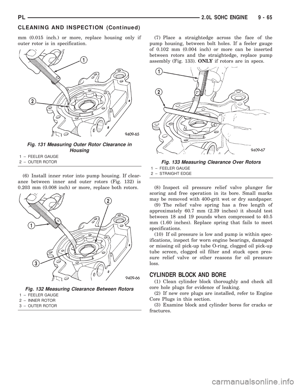 DODGE NEON 2000 Service Repair Manual mm (0.015 inch.) or more, replace housing only if
outer rotor is in specification.
(6) Install inner rotor into pump housing. If clear-
ance between inner and outer rotors (Fig. 132) is
0.203 mm (0.00 DODGE NEON 2000 Service Repair Manual mm (0.015 inch.) or more, replace housing only if
outer rotor is in specification.
(6) Install inner rotor into pump housing. If clear-
ance between inner and outer rotors (Fig. 132) is
0.203 mm (0.00
