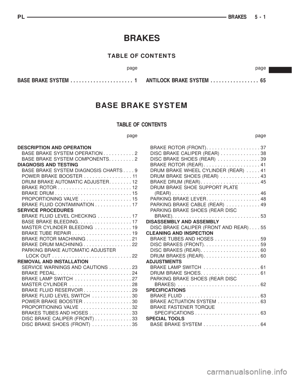 DODGE NEON 2000 Service Repair Manual BRAKES
TABLE OF CONTENTS
page page
BASE BRAKE SYSTEM...................... 1ANTILOCK BRAKE SYSTEM................. 65
BASE BRAKE SYSTEM
TABLE OF CONTENTS
page page
DESCRIPTION AND OPERATION
BASE BRAKE DODGE NEON 2000 Service Repair Manual BRAKES
TABLE OF CONTENTS
page page
BASE BRAKE SYSTEM...................... 1ANTILOCK BRAKE SYSTEM................. 65
BASE BRAKE SYSTEM
TABLE OF CONTENTS
page page
DESCRIPTION AND OPERATION
BASE BRAKE