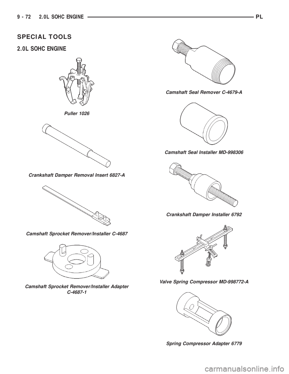 DODGE NEON 2000  Service Repair Manual SPECIAL TOOLS
2.0L SOHC ENGINE
Puller 1026
Crankshaft Damper Removal Insert 6827-A
Camshaft Sprocket Remover/Installer C-4687
Camshaft Sprocket Remover/Installer Adapter
C-4687-1
Camshaft Seal Remover