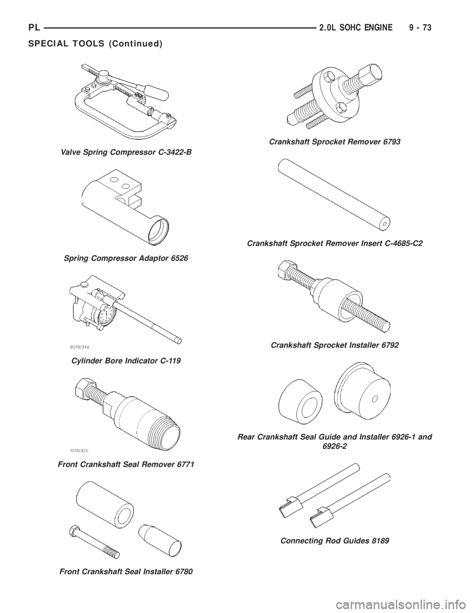 DODGE NEON 2000  Service Repair Manual Valve Spring Compressor C-3422-B
Spring Compressor Adaptor 6526
Cylinder Bore Indicator C-119
Front Crankshaft Seal Remover 6771
Front Crankshaft Seal Installer 6780
Crankshaft Sprocket Remover 6793
C