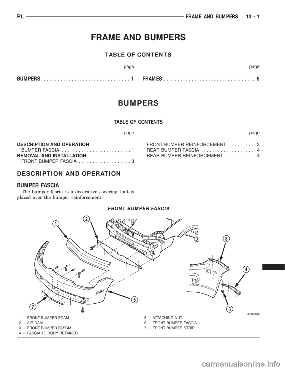 DODGE NEON 2000  Service Repair Manual FRAME AND BUMPERS
TABLE OF CONTENTS
page page
BUMPERS................................ 1FRAMES................................. 5
BUMPERS
TABLE OF CONTENTS
page page
DESCRIPTION AND OPERATION
BUMPER FA