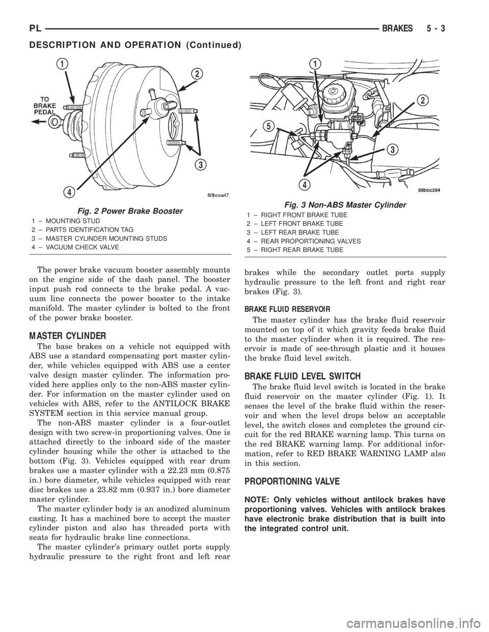 DODGE NEON 2000 Service Repair Manual The power brake vacuum booster assembly mounts
on the engine side of the dash panel. The booster
input push rod connects to the brake pedal. A vac-
uum line connects the power booster to the intake
ma DODGE NEON 2000 Service Repair Manual The power brake vacuum booster assembly mounts
on the engine side of the dash panel. The booster
input push rod connects to the brake pedal. A vac-
uum line connects the power booster to the intake
ma