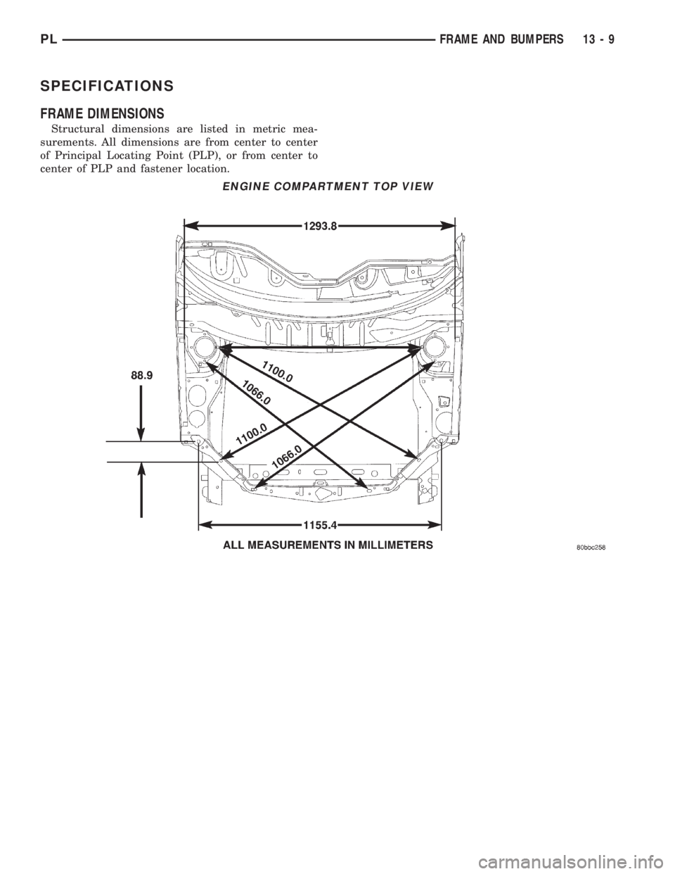 DODGE NEON 2000  Service Repair Manual SPECIFICATIONS
FRAME DIMENSIONS
Structural dimensions are listed in metric mea-
surements. All dimensions are from center to center
of Principal Locating Point (PLP), or from center to
center of PLP a
