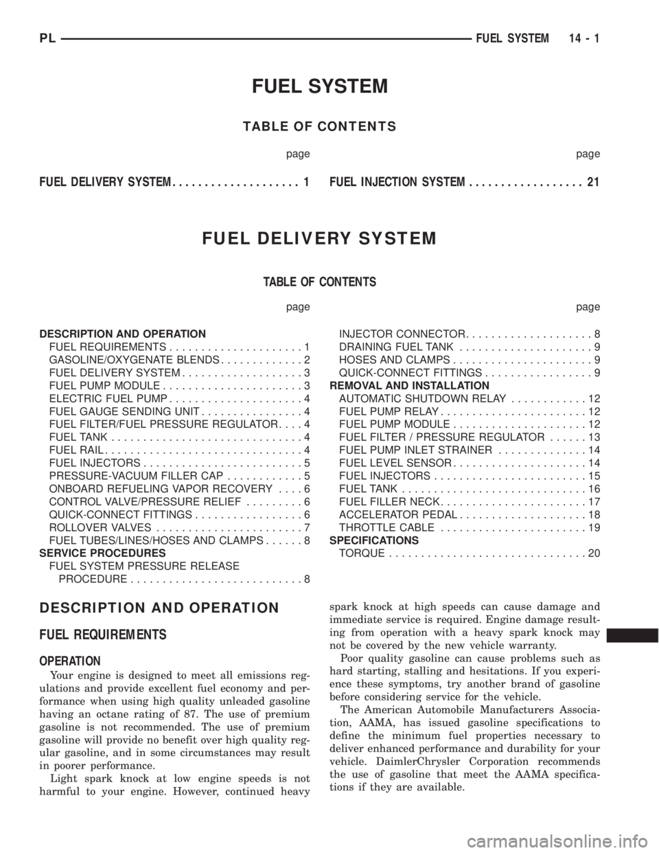 DODGE NEON 2000  Service Repair Manual FUEL SYSTEM
TABLE OF CONTENTS
page page
FUEL DELIVERY SYSTEM.................... 1FUEL INJECTION SYSTEM.................. 21
FUEL DELIVERY SYSTEM
TABLE OF CONTENTS
page page
DESCRIPTION AND OPERATION
