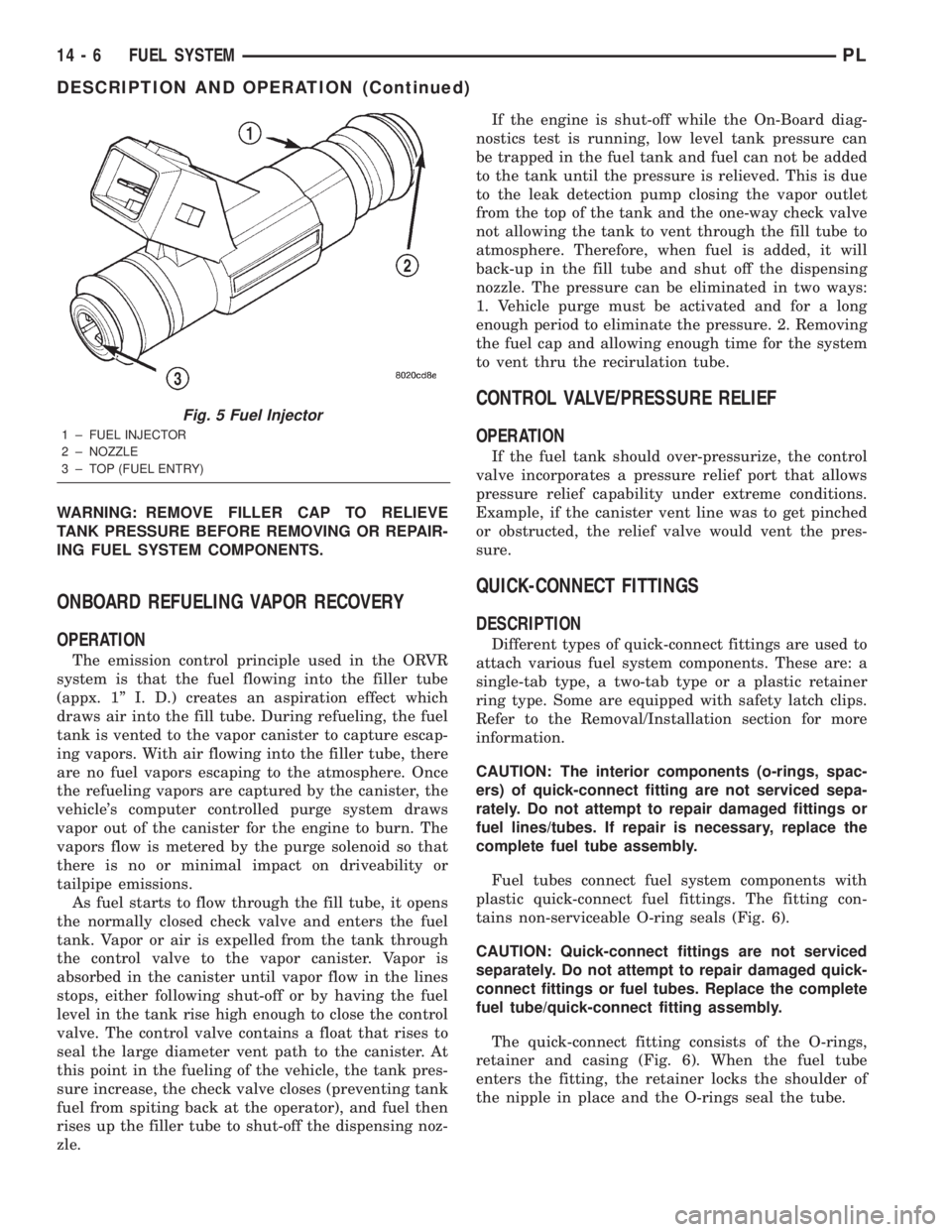 DODGE NEON 2000  Service Repair Manual WARNING: REMOVE FILLER CAP TO RELIEVE
TANK PRESSURE BEFORE REMOVING OR REPAIR-
ING FUEL SYSTEM COMPONENTS.
ONBOARD REFUELING VAPOR RECOVERY
OPERATION
The emission control principle used in the ORVR
sy