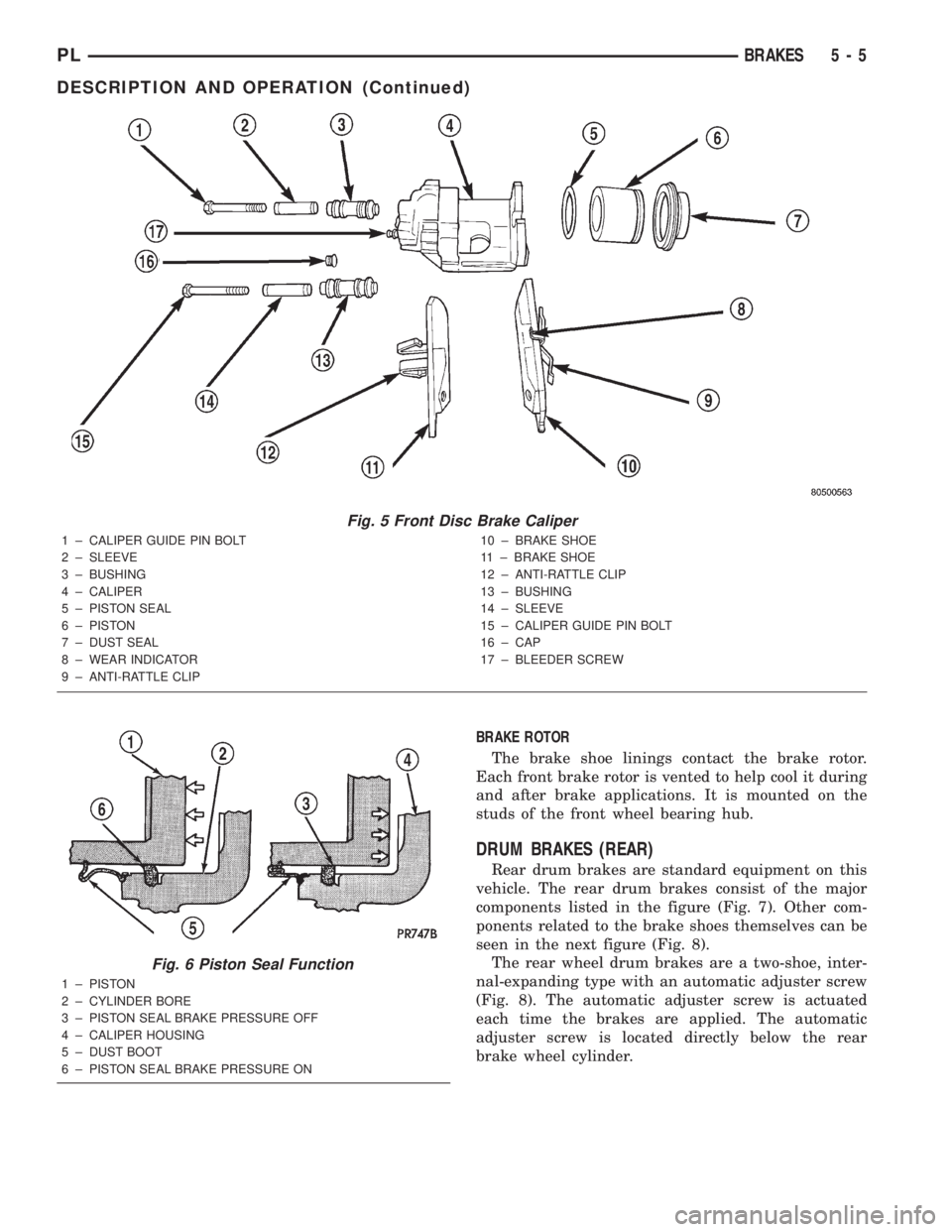DODGE NEON 2000  Service Repair Manual BRAKE ROTOR
The brake shoe linings contact the brake rotor.
Each front brake rotor is vented to help cool it during
and after brake applications. It is mounted on the
studs of the front wheel bearing 