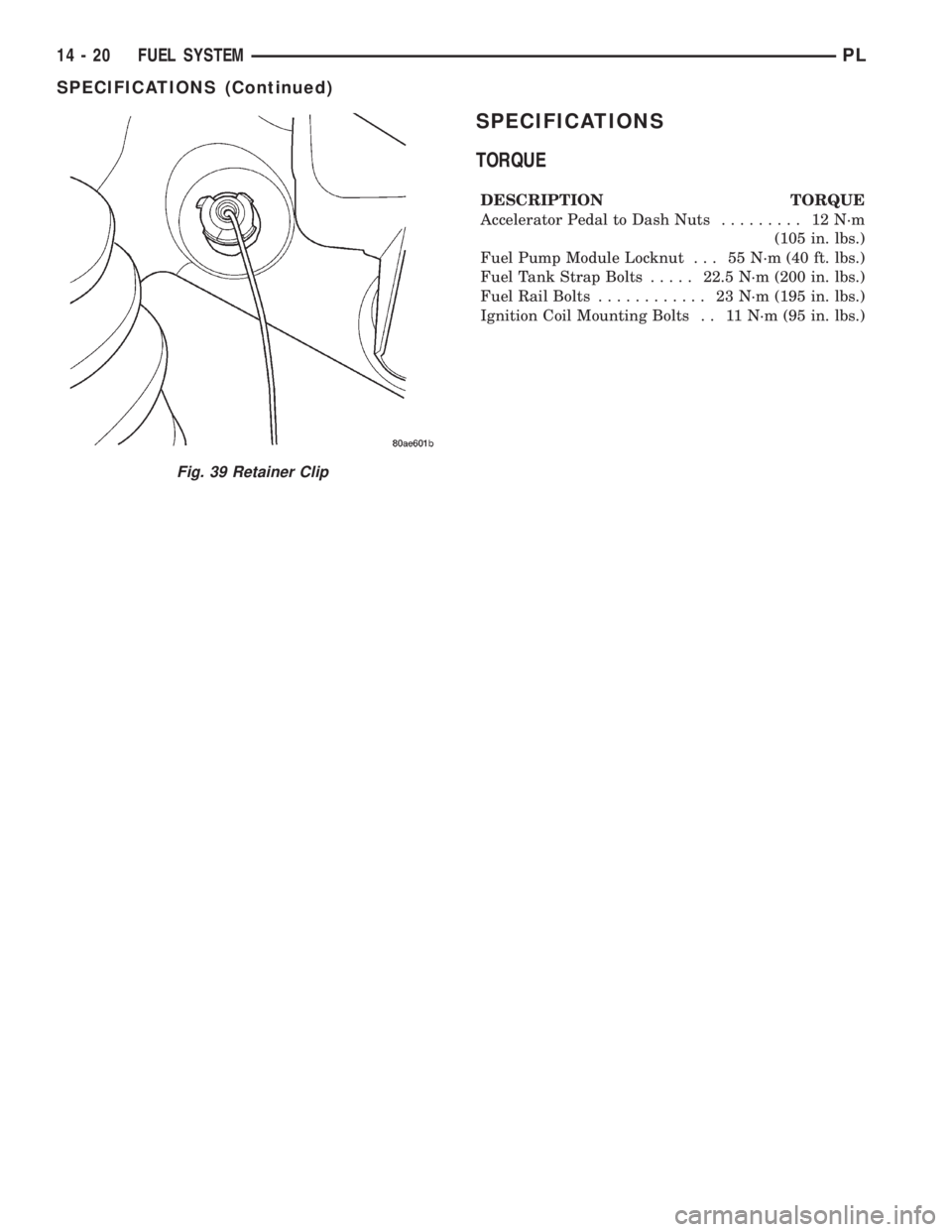 DODGE NEON 2000  Service Repair Manual SPECIFICATIONS
TORQUE
DESCRIPTION TORQUE
Accelerator Pedal to Dash Nuts......... 12N´m
(105 in. lbs.)
Fuel Pump Module Locknut . . . 55 N´m (40 ft. lbs.)
Fuel Tank Strap Bolts.....22.5 N´m (200 in.
