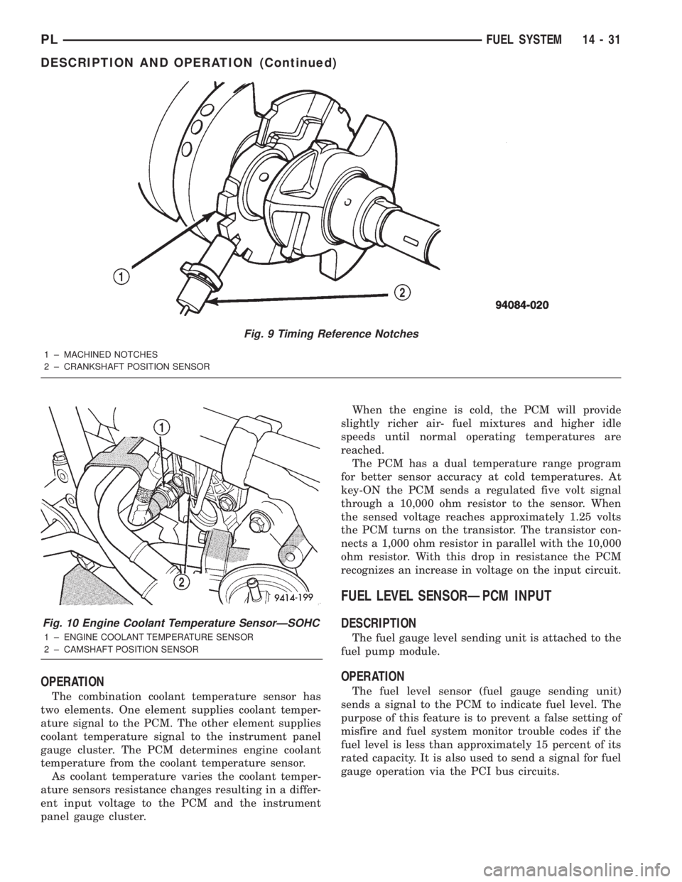 DODGE NEON 2000  Service Repair Manual OPERATION
The combination coolant temperature sensor has
two elements. One element supplies coolant temper-
ature signal to the PCM. The other element supplies
coolant temperature signal to the instru