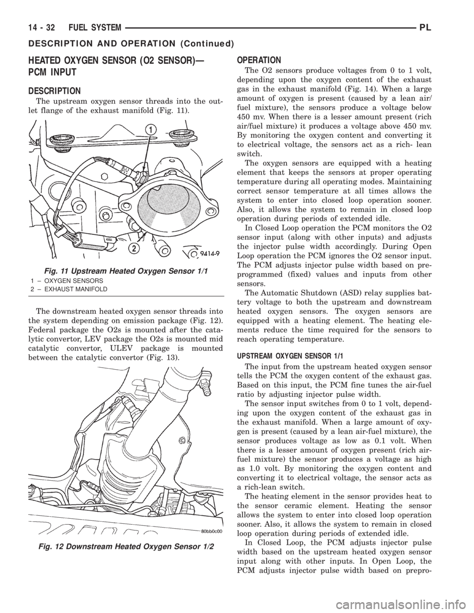DODGE NEON 2000  Service Repair Manual HEATED OXYGEN SENSOR (O2 SENSOR)Ð
PCM INPUT
DESCRIPTION
The upstream oxygen sensor threads into the out-
let flange of the exhaust manifold (Fig. 11).
The downstream heated oxygen sensor threads into
