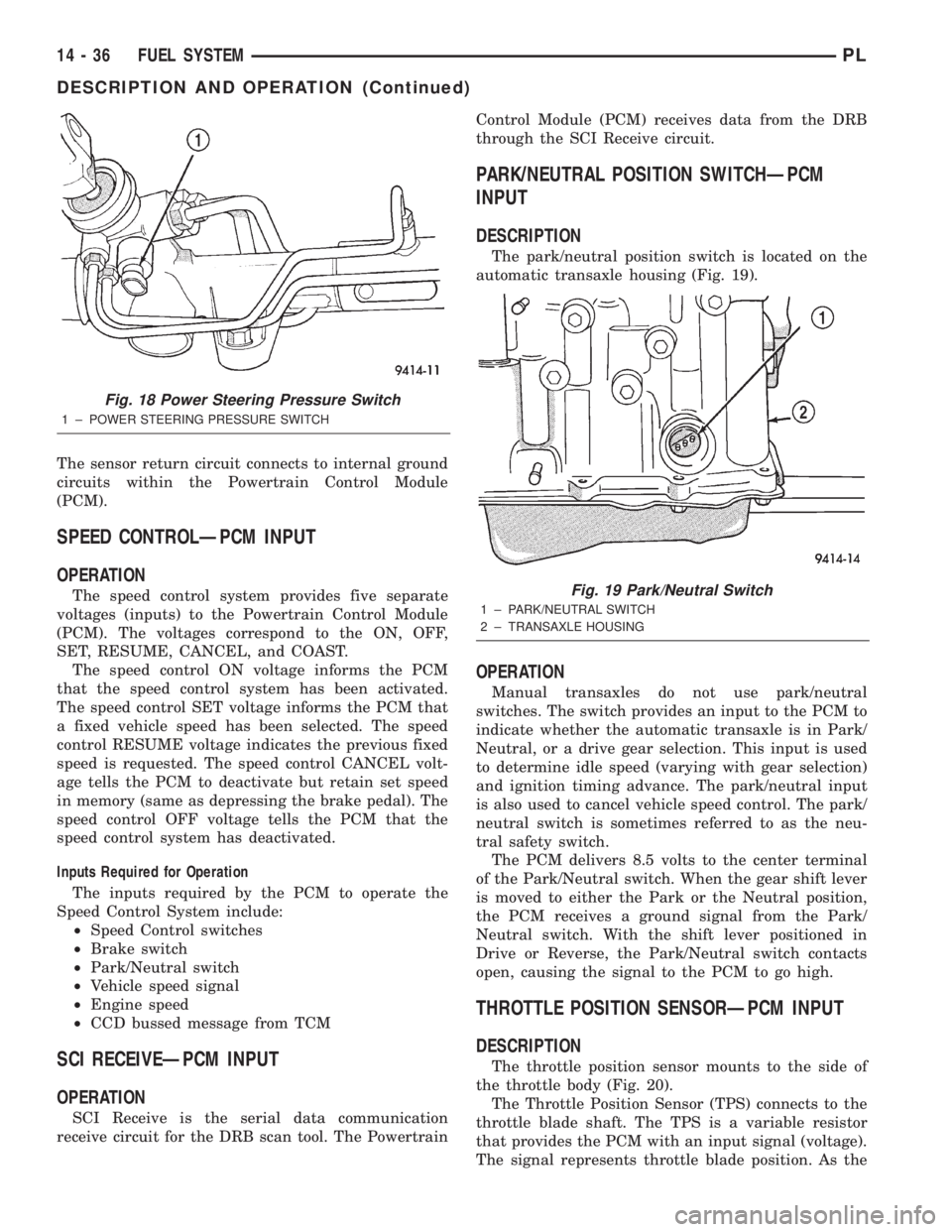 DODGE NEON 2000  Service Repair Manual The sensor return circuit connects to internal ground
circuits within the Powertrain Control Module
(PCM).
SPEED CONTROLÐPCM INPUT
OPERATION
The speed control system provides five separate
voltages (