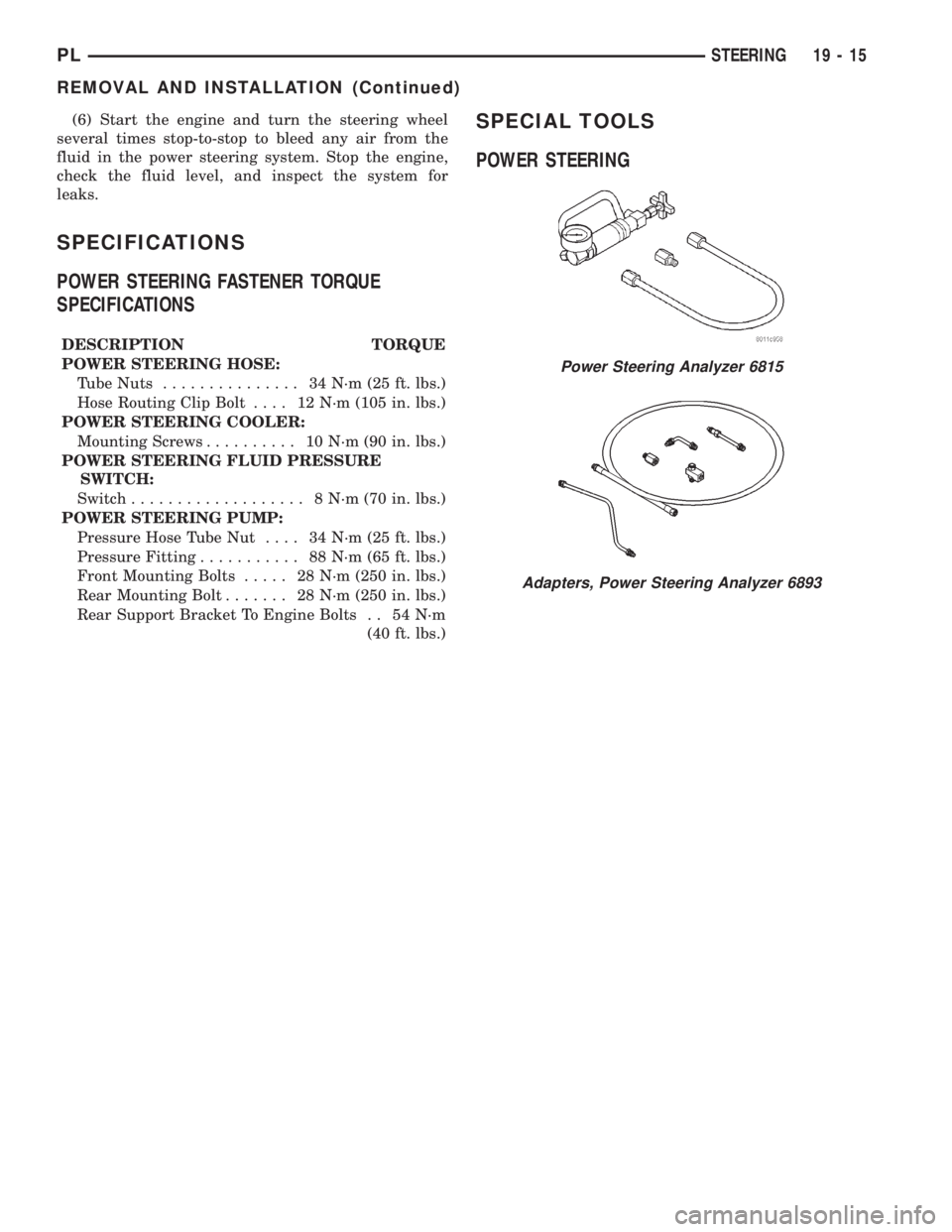 DODGE NEON 2000  Service Repair Manual (6) Start the engine and turn the steering wheel
several times stop-to-stop to bleed any air from the
fluid in the power steering system. Stop the engine,
check the fluid level, and inspect the system