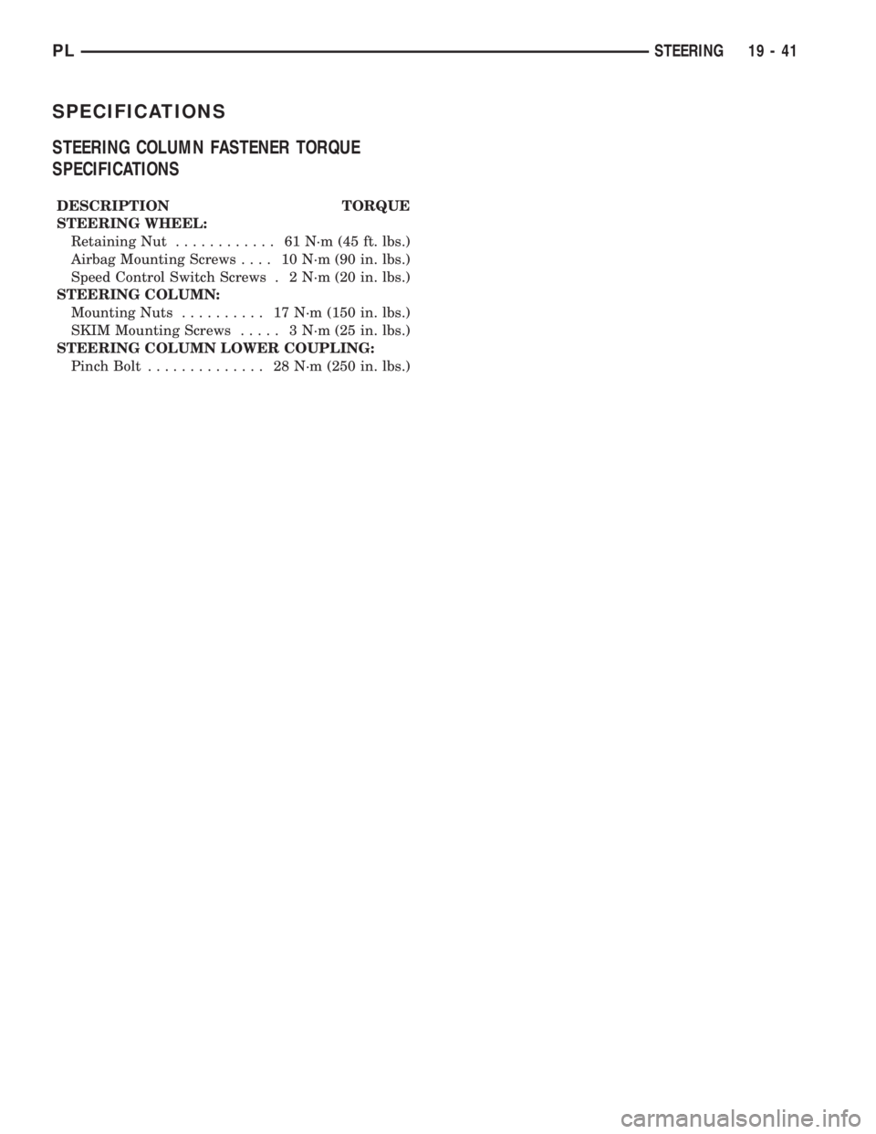 DODGE NEON 2000  Service Repair Manual SPECIFICATIONS
STEERING COLUMN FASTENER TORQUE
SPECIFICATIONS
DESCRIPTION TORQUE
STEERING WHEEL:
Retaining Nut............ 61N´m(45ft.lbs.)
Airbag Mounting Screws.... 10N´m(90in.lbs.)
Speed Control 